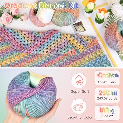 Aeelike Crochet Blanket Kit for Beginner, Easy Blanket Crochet Kit, Rainbow - color: Gift Box-Rainbow Gradient