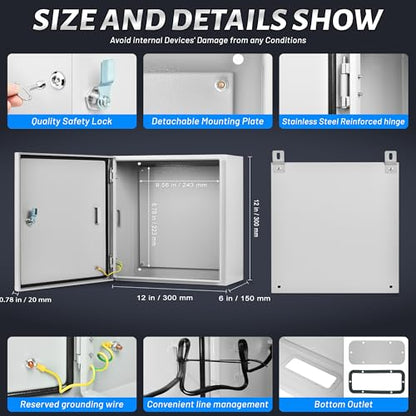 Steel Electrical Junction Box, 12 x 12 x 6 Waterproof & Dustproof Electrical Enclosure, Outdoor & Indoor Universal Project Box with Lock & Mounting Plate - size: 12 x 12 x 6"
