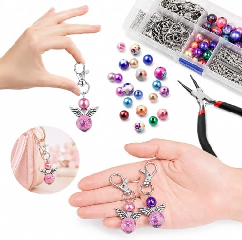 Metacipher 180Pcs DIY Angel Keychain Making Kit with Beads & Pliers - color: Love Wings