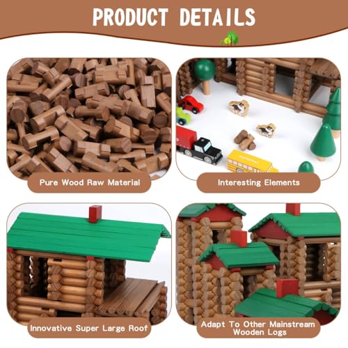 Wondertoys 456Pcs Big Villa Wooden Log Set Real Wood Logs Classic Building Log Ages 3+ Best Retro Building Gift Set Creative Construction Engineering Educational Gifts - style: 456PCS Luxury Villas