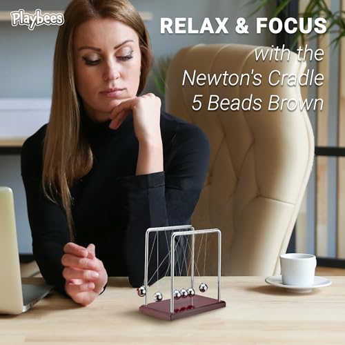 Newton's Cradle 5 Ball Kinetic Pendulum, Brown Wood Base Office Desk Toy