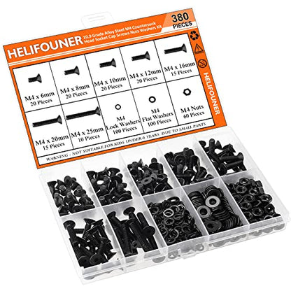 HELIFOUNER 380 Pieces M4 x 6mm /8mm /10mm /12mm /16mm /20mm /25mm, Countersunk Head Socket Cap Screws Bolts Washers Nuts Kit, 10.9 Grade Alloy Steel, Full Threaded, Black - size: M4, style: Countersunk Head