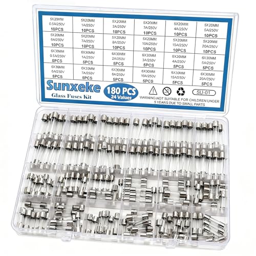 24 Values 180pcs Fast Blow Glass Fuses Assortment Kit 250V 0.5A 1A 2A 3A 4A 5A 6A 7A 8A 10A 15A 20A 5X20MM 0.5A 1A 2A 3A 4A 5A 6A 7A 8A 10A 15A 20A 6X30MM 250V Fast-Blow Glass Fuses Set - size: 180PCS kit