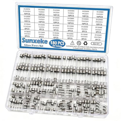 24 Values 180pcs Fast Blow Glass Fuses Assortment Kit 250V 0.5A 1A 2A 3A 4A 5A 6A 7A 8A 10A 15A 20A 5X20MM 0.5A 1A 2A 3A 4A 5A 6A 7A 8A 10A 15A 20A 6X30MM 250V Fast-Blow Glass Fuses Set - size: 180PCS kit