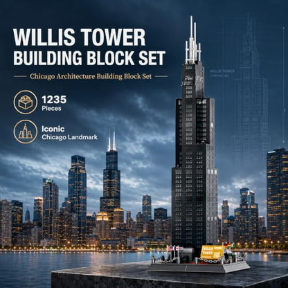 Willis Tower Chicago Architecture Building Block Set 1235 Pcs Famous City Skyline Landmark Model Kit Tall Skyscraper Construction Toy for Adults & Teens Home Office Desk Decor Display Gift - style: Chicago Willis Tower
