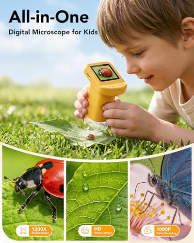 Handheld Portable Microscope for Kids, 120X-1200X for Ages 6-12 Boys Girls - color: Handheld Yellow