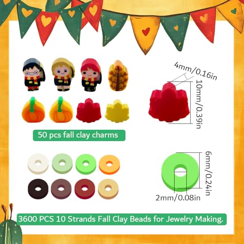 3600 PCS 10 Strands Fall Clay Beads for Jewelry Making, with 50pcs Autumn Clay Charms for Bracelets Making (Thanksgiving Day) - color: Brown Orange Green