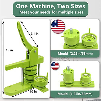 Happizza Button Maker Machine Multiple-Sizes - Pin Maker Machine 1.25 inch+2.25 inch, Interchangeable Button-models Badge Button Press Machine with 200 Sets 32+58mm Button Maker Supplies&Circle Cutter - size: Green 1.25+2.25 inch (200 Sets)