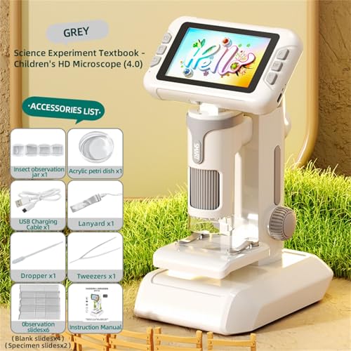 Microscope for Kids,1600X Digital Microscope with 4.0" HD Screen, 3-in-1 Portable Microscopes with Slides,STEM Educational Science Toy for Ages 6-12 Christmas Birthday Gifts for Boys & Girls (Grey)