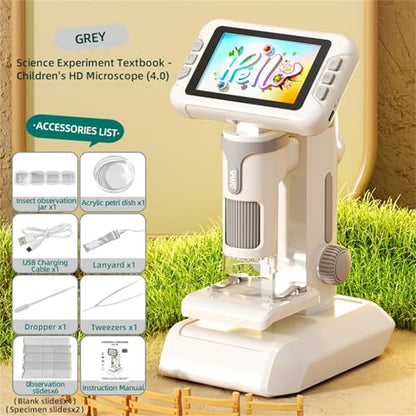 Microscope for Kids,1600X Digital Microscope with 4.0" HD Screen, 3-in-1 Portable Microscopes with Slides,STEM Educational Science Toy for Ages 6-12 Christmas Birthday Gifts for Boys & Girls (Grey)
