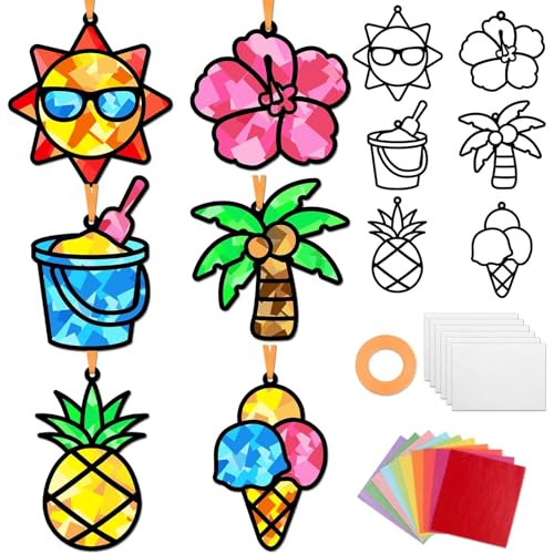 Qyeahkj 36 Sets Summer Suncatchers Crafts for DIY Summer Beach Fruit Tissue Paper Craft Kit Hawaiian Tropical Stained Glass Effect Window Ornaments Decoration for Home Art Project Party Favor Gift - style: Summer Beach Fruit