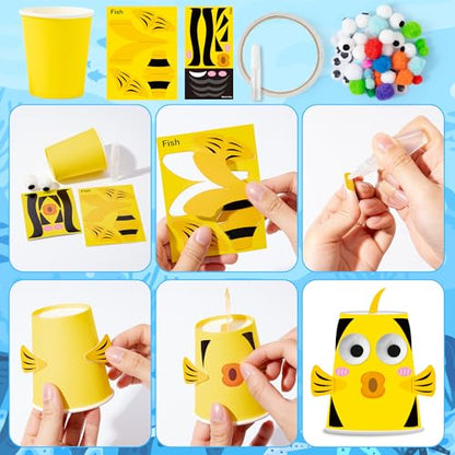 BeYumi Ocean Animals Craft Kit - 12Pcs Summer Arts and Crafts for Kids Toddler Paper Cup Craft Kit with 12 Cartoon Animal Projects DIY Gift for Birthday Party Preschool Classroom Fun Activity Ages 3-6