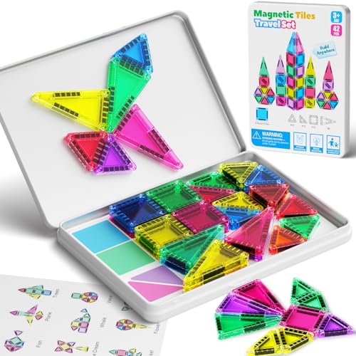 42PCS Mini Magnetic Tiles Travel Set with Iron Storage Box - Portable STEM Building Blocks for Kids 3-8, Montessori Educational Magnet Toys for Airplane, Car Rides & On-The-Go Play - size: Mini
