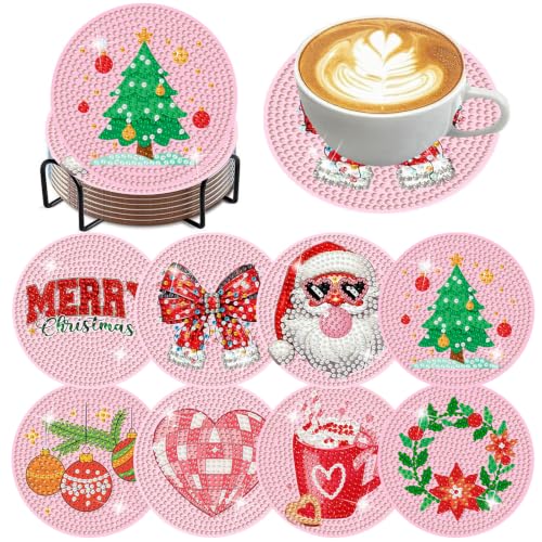 Xylogist 8 Pcs Christmas Diamond Art Coasters with Holder Cork Pads - color: Christmas Diamond Art Coasters-1