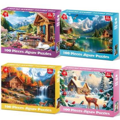 4-Pack 100 Piece Puzzles for Adults Seniors, Four Seasons Mountain Scenes - color: Four Seasons Scenery