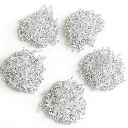 LED Kit 5MM LED Diodes, 1000 Pieces in 5 Colors: White, Red, Yellow, Green, Blue, 2-Pin Circular, Suitable for Christmas Light Replacement and Science Projects - size: 5mm transparent