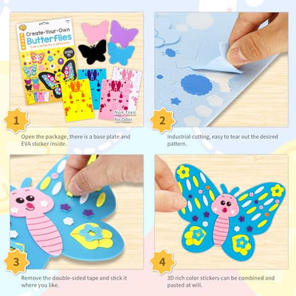 VKPI 4 Butterflies Foam Art Crafts Gift Kit, Creative Make Your Own Butterflies, Cartoon Paper Craft Projects for Kids Ages 4+ Toddler, Preschool Learning Toy for Birthday Party Favor Supplies - color: New Butterflies