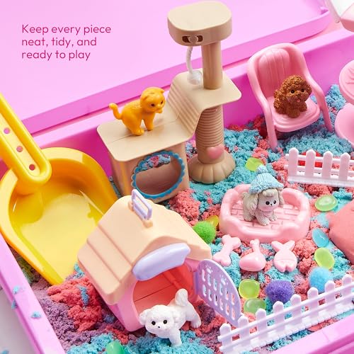 JOVA Klever Kits Cute Pet Sensory Bin for Kids with Glow in The Dark Stones, Sandbox with Lid Dual-Color Sand, Preschool Learning Activities Gifts for Boys Girls Age 3+ - style: Pet