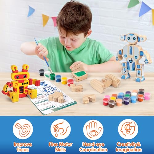 Mocoosy Wooden Robot Painting Art and Craft Kit for Kids Ages 3-5, Build & Decorate Your Own Robots with Paint & Stickers, Wood Robot STEM Game Montessoi Educational Toy Gift for Boys Girls 4-8 Years - style: Robot