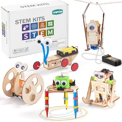 5-in-1 STEM Kit for Kids Ages 6-8 8-10, Wood Robot Building Science Kits
