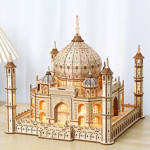 Taj Mahal 3D Wooden Puzzle 388 Pieces, LED Light Architecture Building Kit No Glue DIY Model Craft Home Decor Night Light, STEM Toy for Adults Teens Kids Ages 14+