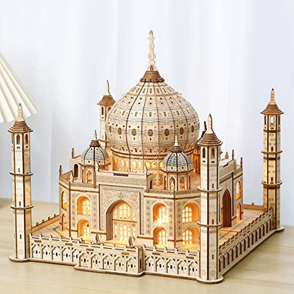 Taj Mahal 3D Wooden Puzzle 388 Pieces, LED Light Architecture Building Kit No Glue DIY Model Craft Home Decor Night Light, STEM Toy for Adults Teens Kids Ages 14+