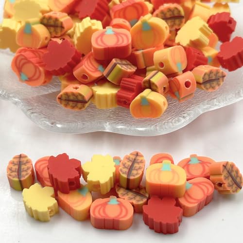 Polymer Clay Fall Pumpkin Maple Loose Spacer Beads, 10mm Thanksgiving Autumn Maple Leaves Pumpkin Beads Charms for DIY Hair Clip Necklace Bracelet Jewelry Earring Handmade Craft Making - color: maple pumpkin