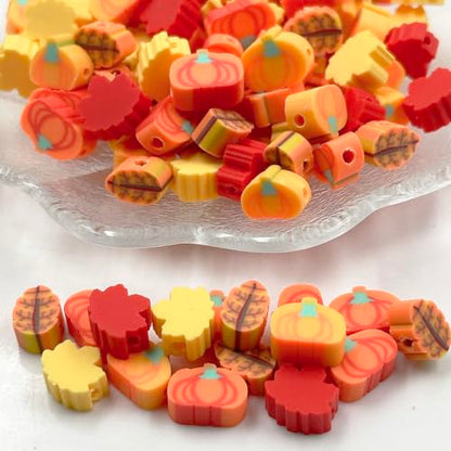 Polymer Clay Fall Pumpkin Maple Loose Spacer Beads, 10mm Thanksgiving Autumn Maple Leaves Pumpkin Beads Charms for DIY Hair Clip Necklace Bracelet Jewelry Earring Handmade Craft Making - color: maple pumpkin