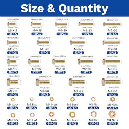 1020Pcs Grade 8.8 Metric Bolt Assortment Kit, M4 M5 M6 M8 Heavy Duty Hex Bolts & Nuts with Washers,Yellow Zinc Plated(12-30mm), Automotive/Furniture Hardware,Assorted Metric Fasteners for DIY & Repair