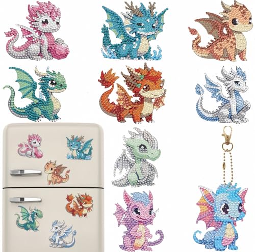 Bulerrylulu 9 Pcs Dragon Diamond Painting Magnets Kits Fridge Magnet Stickers Diamond Art Painting Keychains Gem Painting kit for Beginners Adults DIY Art Craft Gifts Home Decors - color: dragon