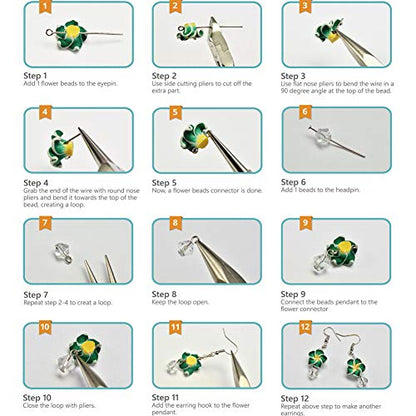 SUNNYCLUE 1 Box DIY 16 Pairs Polymer Clay 3D Flower Stud Earrings Making Kits Flower Spacer Loose Beads Floral Spacer Charms with Earring Hooks and Blank Peg Ear Stud Adult Women, Instruction