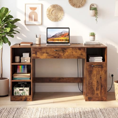COSTWAY Sewing Machine Table with Power Outlets, Massive Storage (Brown) - color: Brown