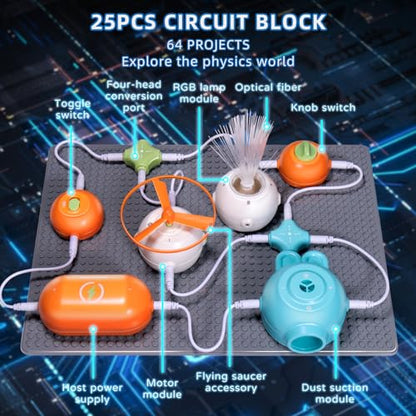 25PCS Circuit Blocks Board for Kids,Build 64 Projects,with 434 PCS STEM Toys,Build 36+ Robot Models with Solar Power, Gears & Sensors,Educational STEM Toys, Great Gift for Toddler Boys & Girls