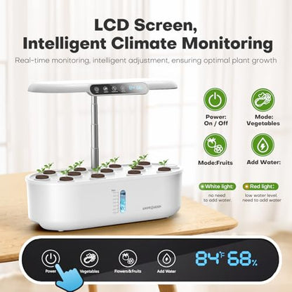 Ahopegarden Hydroponics Growing System with 12 Pods, Indoor Garden Kit with LED Grow Light & LCD Temp Humidity Display, Smart Quiet Pump Planter for Herbs, Lettuce, Vegetables, Kitchen Garden Use