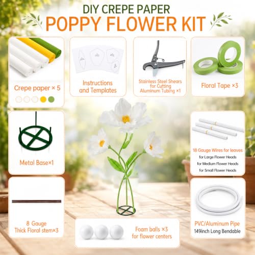Moxweyeni 3 Pcs 5.5 ft Giant White Poppy Paper Flower DIY Kit with Stand - color: White, style: Poppy