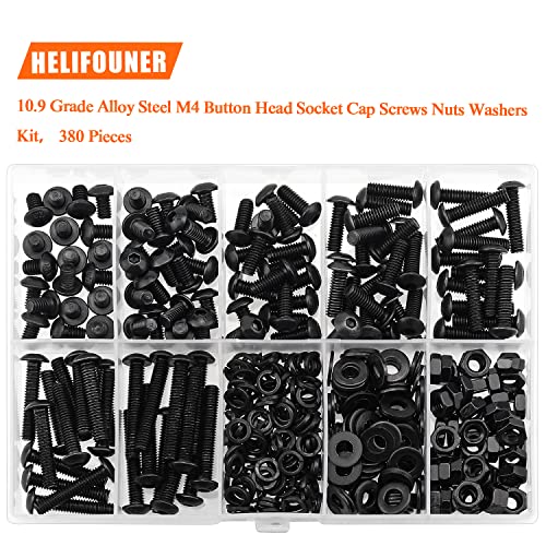 HELIFOUNER 380 Pieces M4 x 5mm /6mm /8mm /10mm /12mm /16mm /20mm, Button Head Socket Cap Screws Bolts Washers Nuts Kit, 10.9 Grade Alloy Steel, Full Threaded, Black - size: M4, style: Button Head