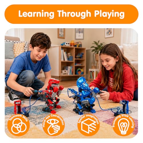 Hydraulic Boxing Bots Building Kit, 2 Dinosaur Robot Battle Toys with Real Hydraulic Power, STEM Building Toy for Boys Ages 8-12, Interactive Fighting Robots Gift