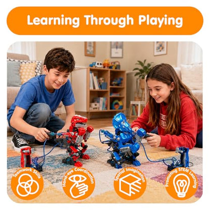 Hydraulic Boxing Bots Building Kit, 2 Dinosaur Robot Battle Toys with Real Hydraulic Power, STEM Building Toy for Boys Ages 8-12, Interactive Fighting Robots Gift