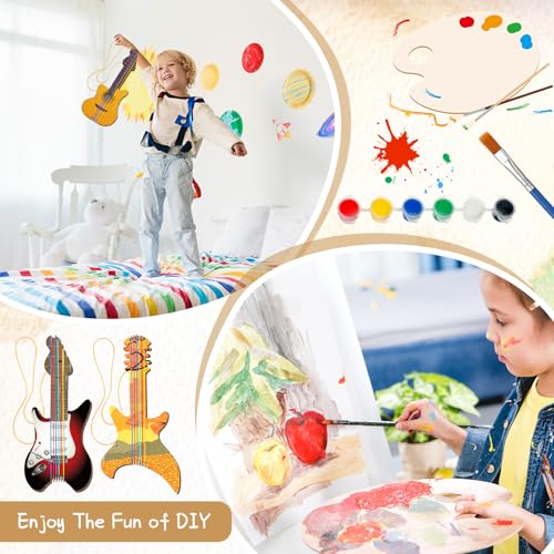 Syhood 36 Pcs 18 Sets DIY Wood Guitar (6 Difference Designs) with Pigments (6 Colors), DIY Wood Instruments Gift for Crafts Art Birthday Music Theme Party(Trendy Style) - style: Trendy Style
