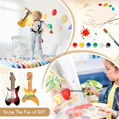 Syhood 36 Pcs 18 Sets DIY Wood Guitar (6 Difference Designs) with Pigments (6 Colors), DIY Wood Instruments Gift for Crafts Art Birthday Music Theme Party(Trendy Style) - style: Trendy Style