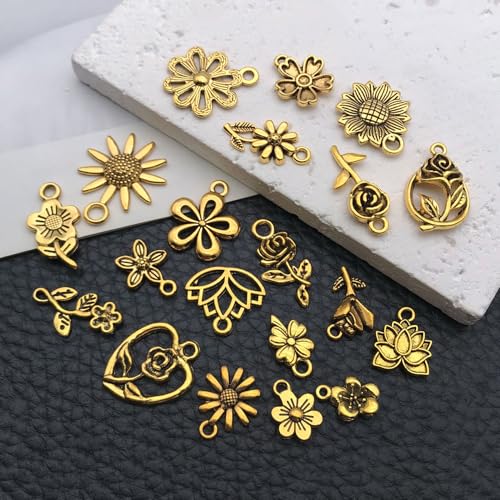 WOCRAFT 60pcs Antique Gold Flowers Bracelet Charms for Jewelry Making Sets DIY Necklace Bracelet Keychain Crafting Charms Kit Craft Supplies (SN876) - color: Antique Gold, size: Flowers Charms