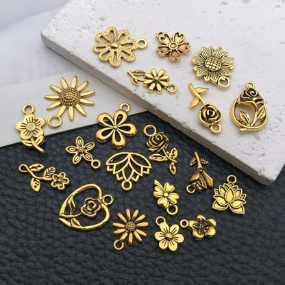 WOCRAFT 60pcs Antique Gold Flowers Bracelet Charms for Jewelry Making Sets DIY Necklace Bracelet Keychain Crafting Charms Kit Craft Supplies (SN876) - color: Antique Gold, size: Flowers Charms