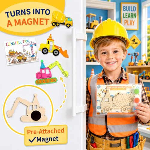 12 Pack Construction Party Favors, DIY Wooden Painting Magnet Craft Kits