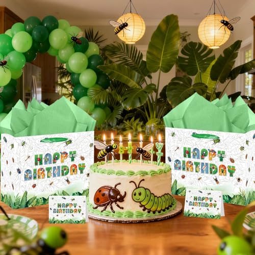 Large Bug Gift Bag, Insect Gift Bag with Tissue Paper and Card, Spring Summer Happy Birthday Gift Wrapping for Boys and Girls, Insect Birthday Party Decorations, Baby Shower Bug Party Supplies.