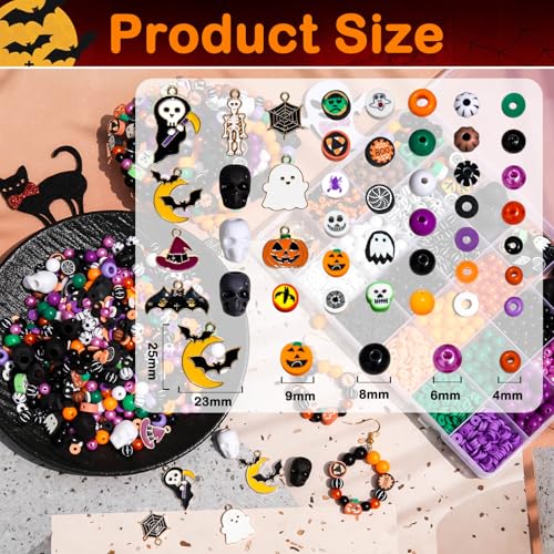 2100+PCS Halloween Beads Kit for Jewelry Making, Spooky DIY Crafts with Clay Charms Acrylic Rounds Pearls Pumpkin Skull Beads Ghost Witch Hat Bat Charms DIY Halloween Bracelets Necklace Earrings Craft