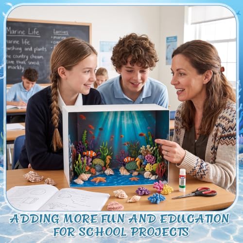 AmazingSpark 2 Set Ocean Diorama Box and Water Sticker Decor, Under the Sea Diorama Project Supplies Set, Cardboard Display Case Kit & Water Sticker with Double Sided Tapes for DIY Crafts Dollhouse - style: Ocean2,Cube