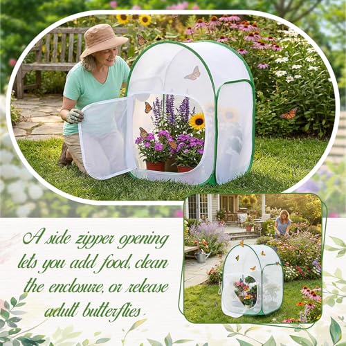 3 Pack 36" Large Monarch Butterfly Habitat Giant Collapsible Insect and Butterfly Mesh Habitat Cage Pop-up Caterpillar Growing Mesh Cage Terrarium, Side Door Design, Transparent Window Panel
