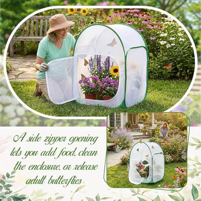 3 Pack 36" Large Monarch Butterfly Habitat Giant Collapsible Insect and Butterfly Mesh Habitat Cage Pop-up Caterpillar Growing Mesh Cage Terrarium, Side Door Design, Transparent Window Panel