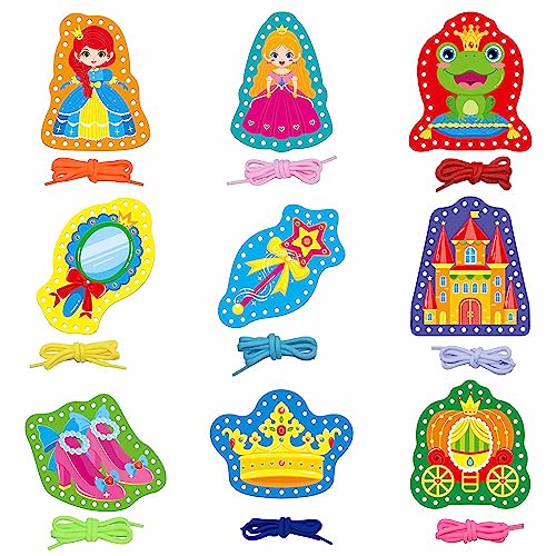 9 Pieces Kids Lacing Cards, Double Sided Sewing Cards in 9 Princess Theme Cards with 9 Colorful Laces, Imagination Development Lacing Toys Games for Children Educational and Learning Activity - color: Princess