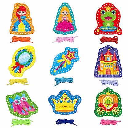9 Pieces Kids Lacing Cards, Double Sided Sewing Cards in 9 Princess Theme Cards with 9 Colorful Laces, Imagination Development Lacing Toys Games for Children Educational and Learning Activity - color: Princess